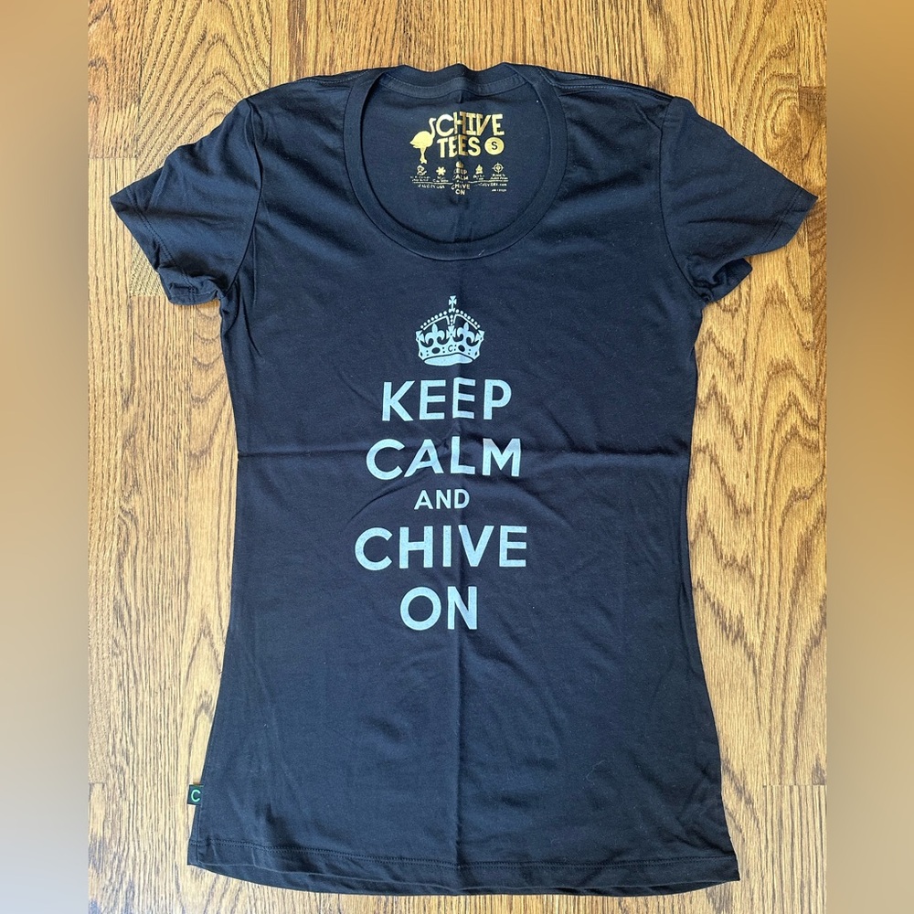 Black Keep Calm and Chive On (KCCO) women’s tee shirt, size Small